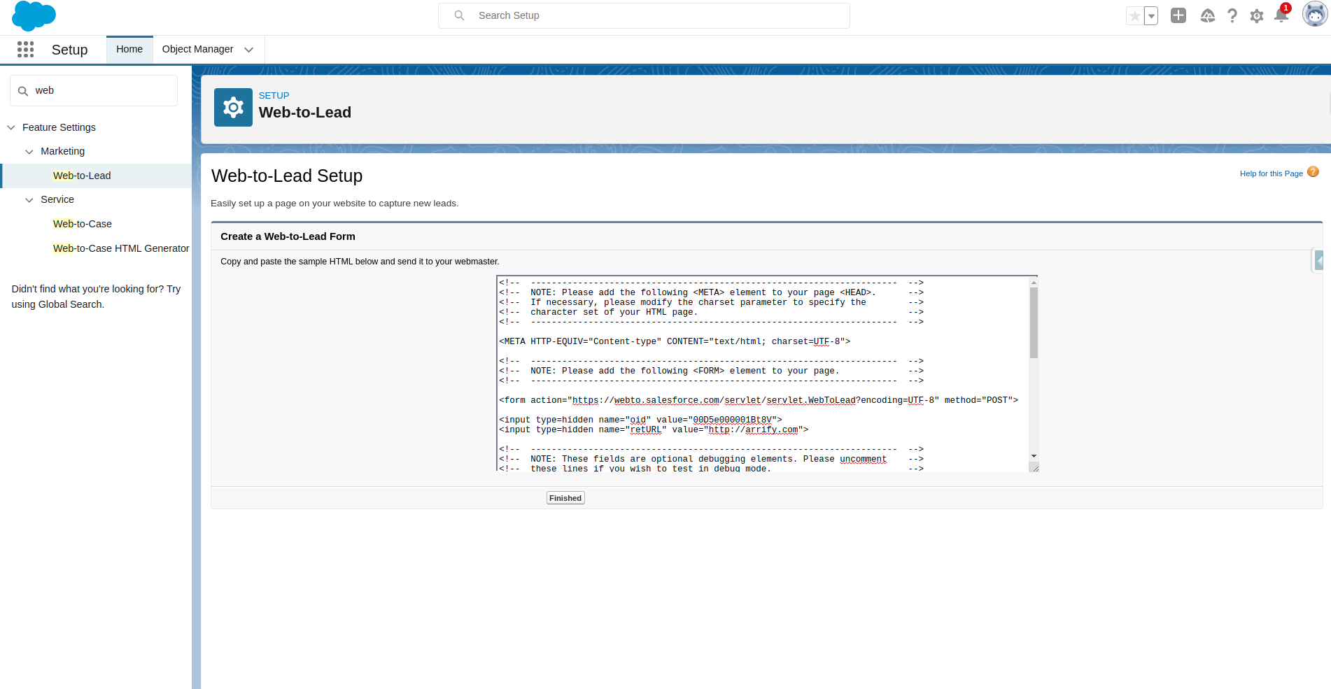 web to lead form code