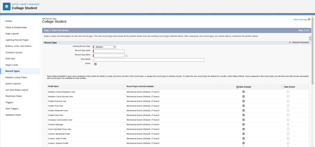 Fill Record Type Details & Make Available For Profile