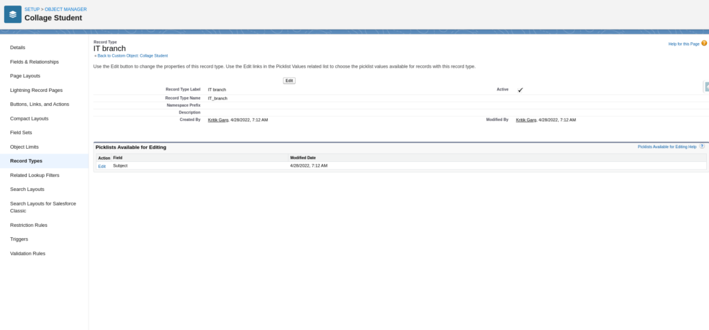 This Screen Confirmed Record Type Created