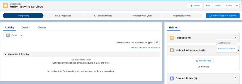 Choose price book and add products for opportunity 
