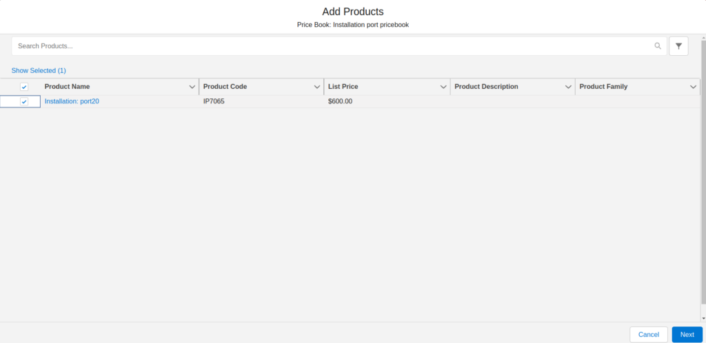 Showing the list of product related to pricebook to select and add to the opportunity